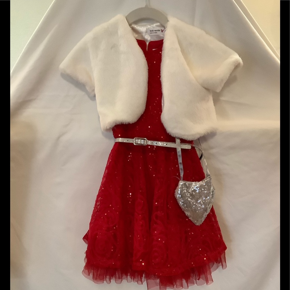 Red Sparkle Holiday Dress with White Bolero
